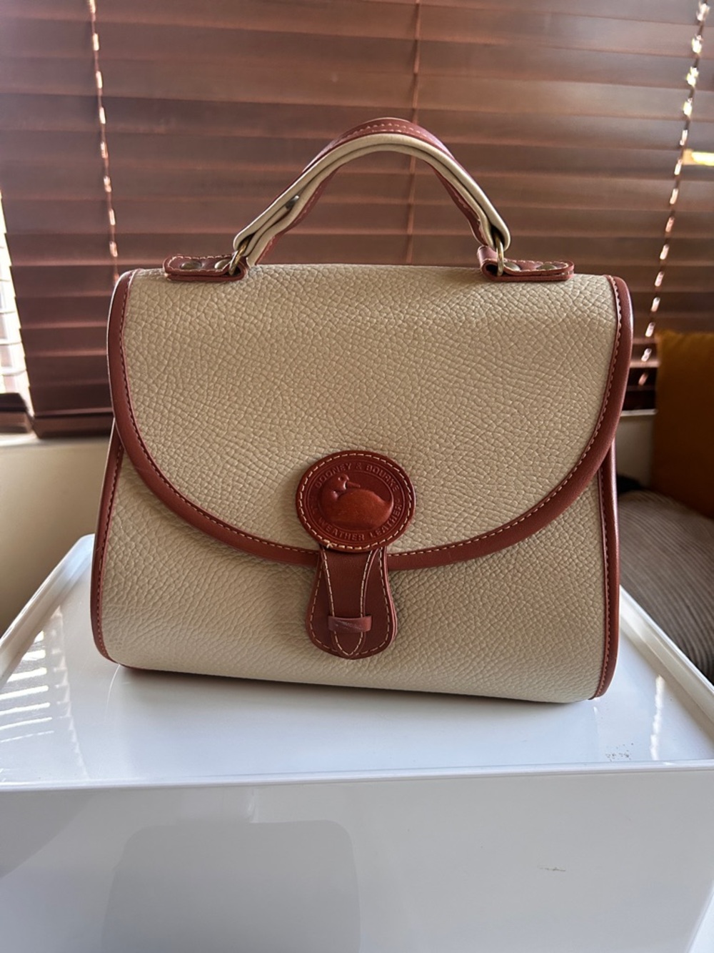 Dooney & Bourke Cream and Brown Leather Top-Handle Satchel